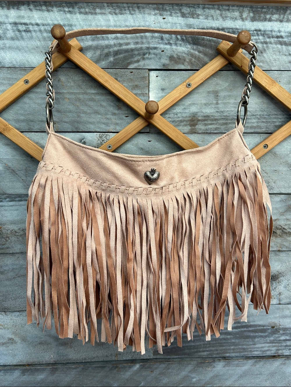 Fringed Suede Shoulder Bag in Blush Pink